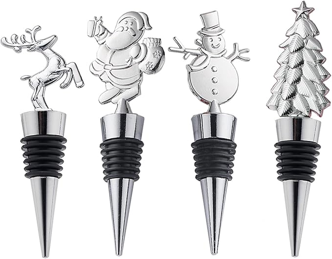 4 Pack Christmas Wine Stoppers, Alloy Wine Bottle Stoppers for Xmas Decoration, Bottle Stopper for Keeping Wine Fresh, Wine Accessories Gift for Hostess - Wine Bottle Corkers