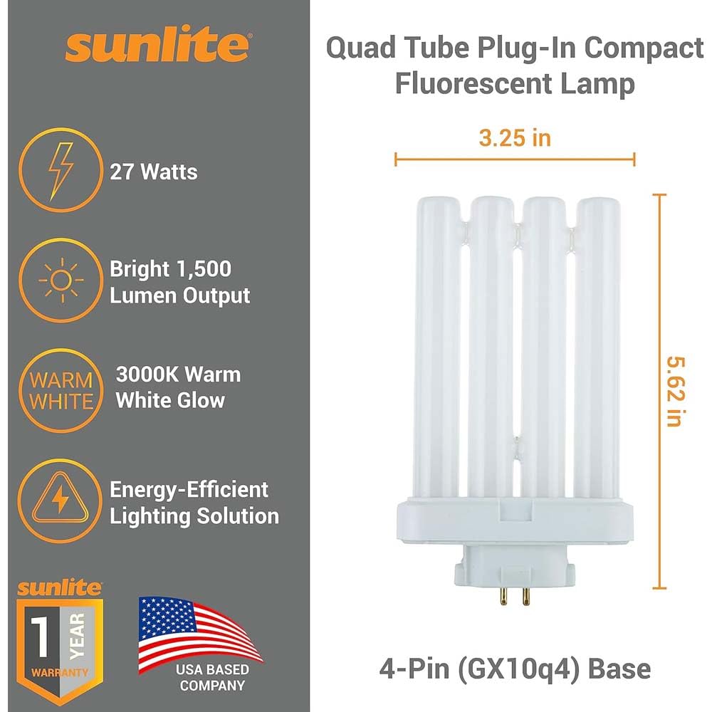 Sunlite 40531 FML27/65K/2PK Quad Tube Plug-in Compact Fluorescent Lamp, FML 4-Pin, 27 Watts, 1500 Lumens, 6500K Daylight, 4-Pin (GX10q4) Base, 120 Volts, 2 Pack