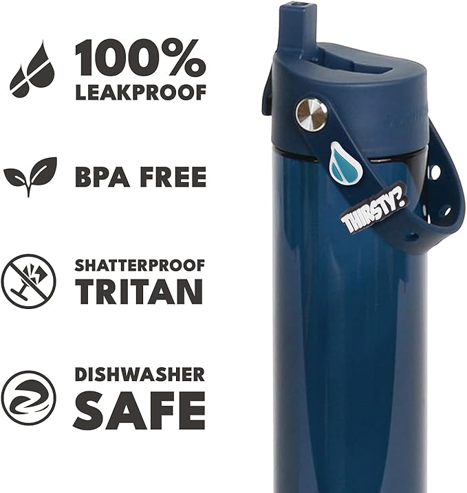 Elemental Splash Water Bottle with Straw - BPA-Free Tritan Plastic Reusable Water Bottle with Charm Strap - Ideal for Travel, Gym and Sports - Leak Proof when Spout is Closed - 26oz - Navy Blue