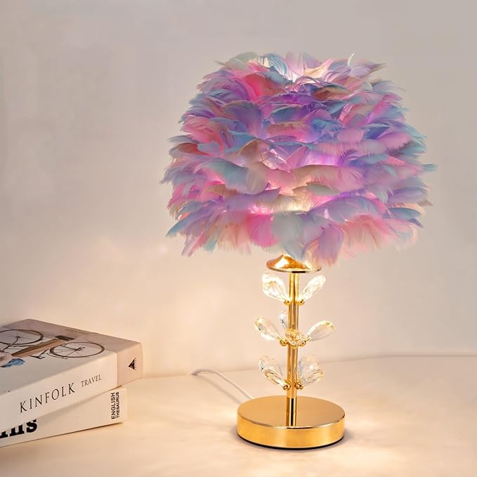Colorful Feather Lamp Creative Furry Table Lamp Modern Feather Desk Lights Romantic Princess Bedside Nightstand Light for Teen Girls Bedroom Living Room Wedding Entryway Office
