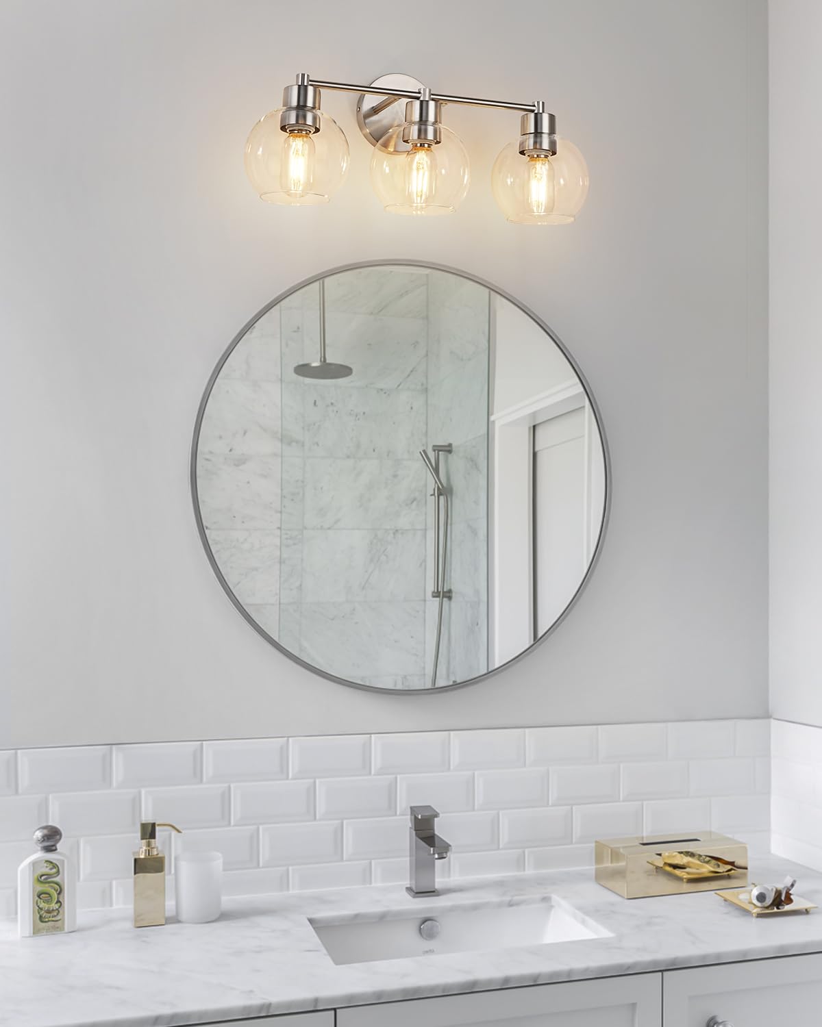 Wilon Brushed Nickel Vanity Lights For Bathroom 3 Light Bathroom Vanity Light With Globe Clear Glass Shades Silver Bathroom Lighting Fixtures Over Mirror Modern Bathroom Sconces Wall Lamp
