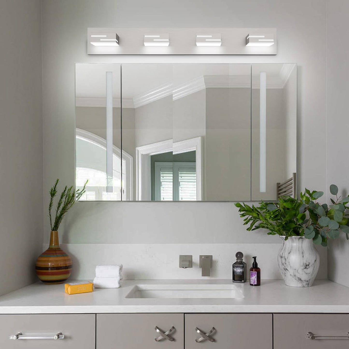 Lkhf Led Modern Bathroom Vanity Light Fixtures 4-Light 28-Inch Dimmable Brushed Nickel Vanity Lights For Bathroom Lighting Fixtures Over Mirror With 350?Rotatable Acrylic Heads (Cool White 6000K)