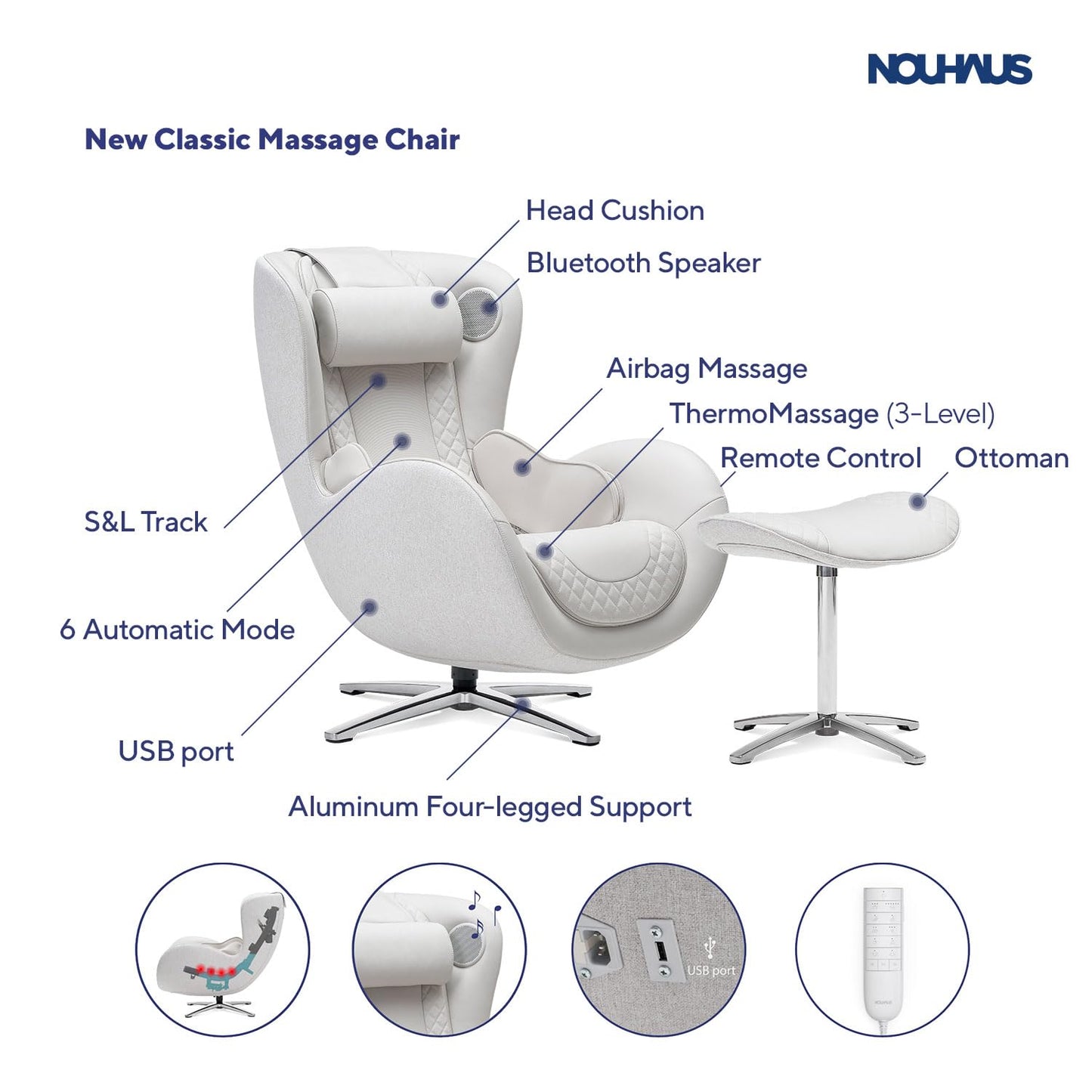 Nouhaus Classic Massage Chair with Ottoman. White Leather Lounge Chair, with Percussive & Shiatsu Chair Massager, Bluetooth Spea