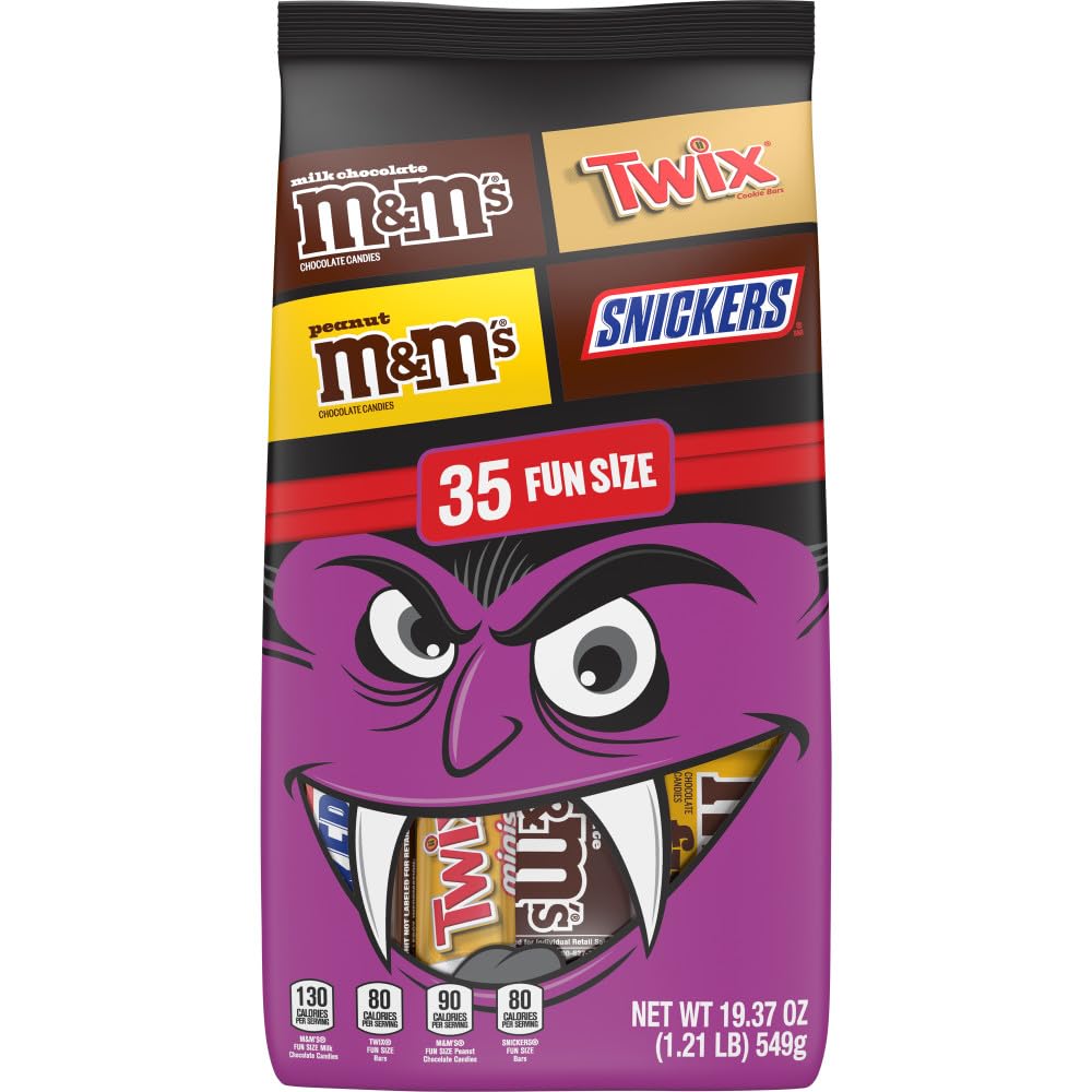 M&MS Fun Size Milk Chocolate M&MS Fun Size Peanut SNICKERS Fun Size & TWIX Fun Size Caramel Cookie Milk Chocolate Individually Wrapped Trick or Treat Halloween Candy 35 Ct 19.37 Oz Bulk Bag