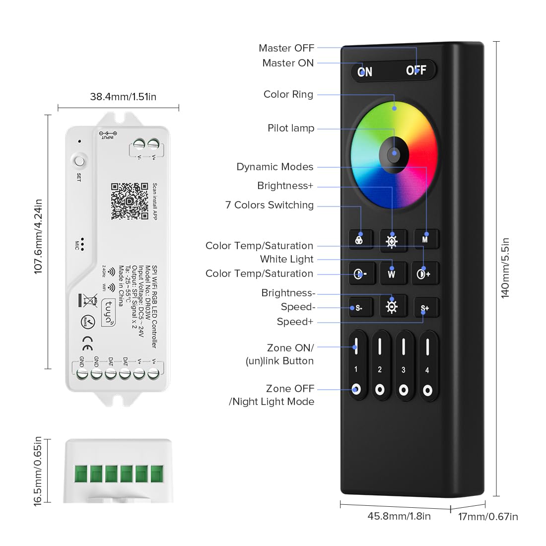 BTF-LIGHTING 2.4G WiFi DR03W RGB SPI Controller RC03RF RF Remote Tuya APP/Smart Life/Google Home/Alexa Control Support WS2812B WS2811 WS2813 WS2815 etc LED Strip STA Mode