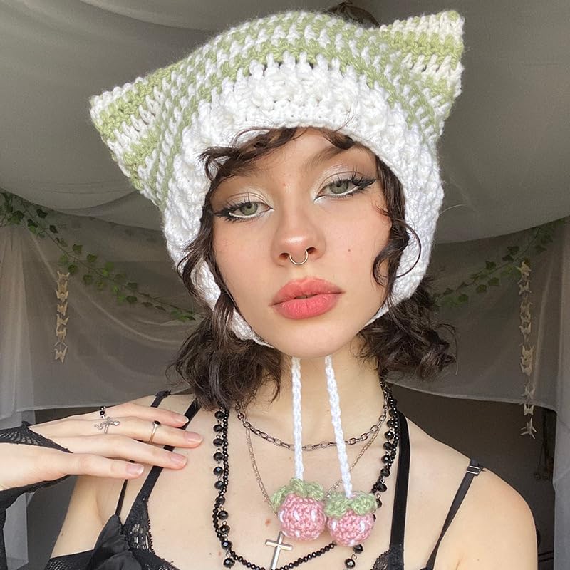 Y2K Crochet Hat for Women Kawaii Cute Knit Hat Vintage Beanie Cat Ear Grunge Fairy Slouchy Headgear Accessories (Green)