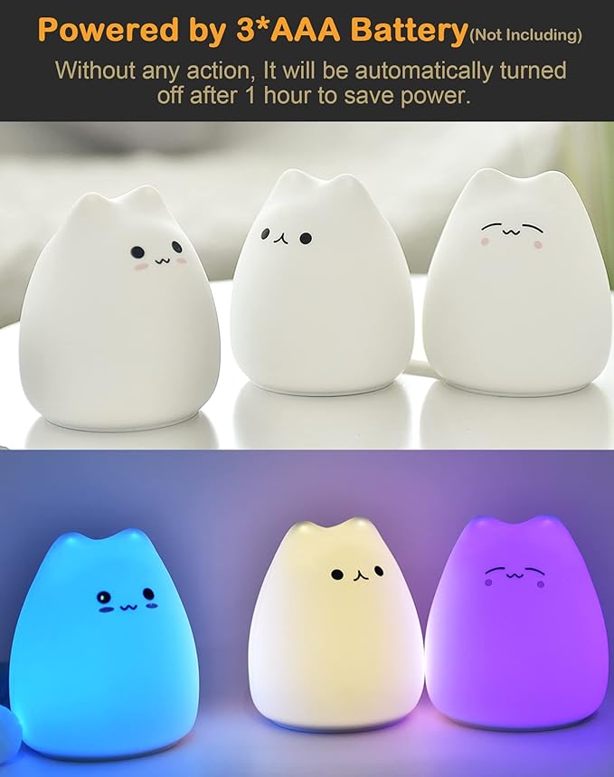 LED Cat Night Light, Battery Powered Night Light for Kids, Silicone Multicolor Cute Lamp with Warm White and 7-Color Breathing Mode, Christmas Gifts for Kids, Baby, Children (Celebrity Cat)