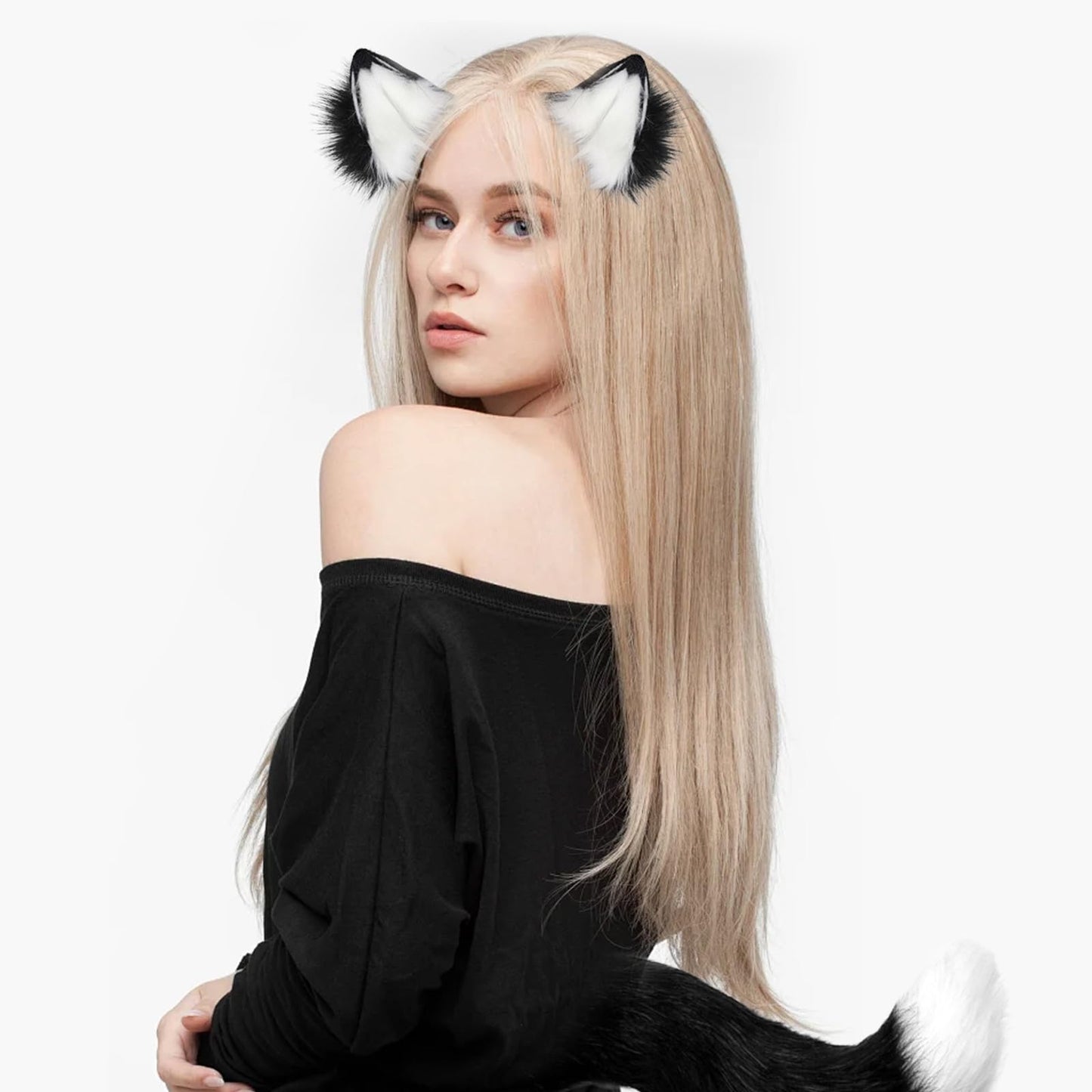 Hyuetrsa Wolf Fox Costume, Faux Fur Wolf Ears Headband Fox Tail and Paw Gloves Set, Cat/Fox Ears Headband and Tail for Halloween Cosplay Christmas Party Supplies, Black (Ears and Tails with White)
