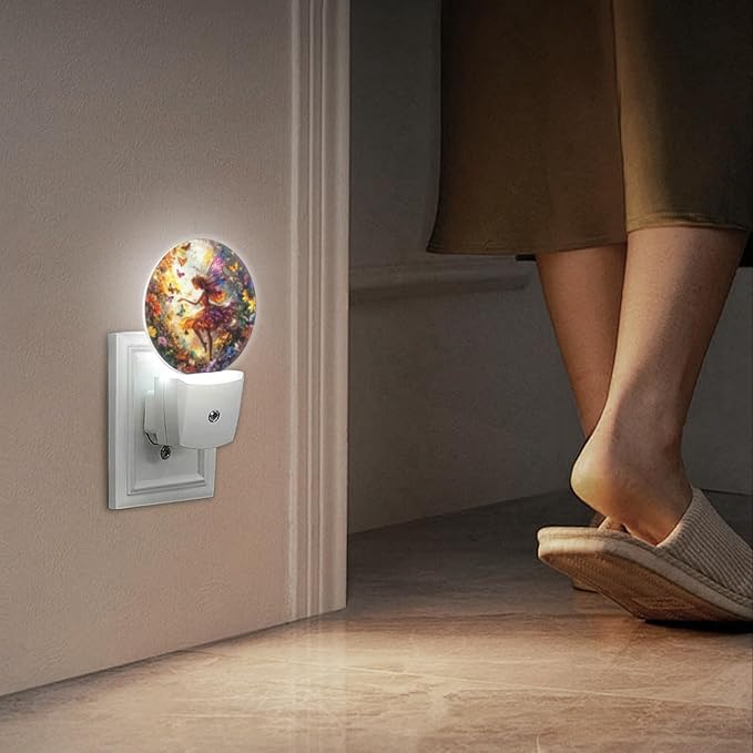 Round LED Night Lights Lamp with Dusk to Dawn Sensor, Beautiful Fairy with Colorful Wings Flying Night Light Plug Into Wall for Kids Room, Bedroom, Bathroom, Kitchen, Hallway