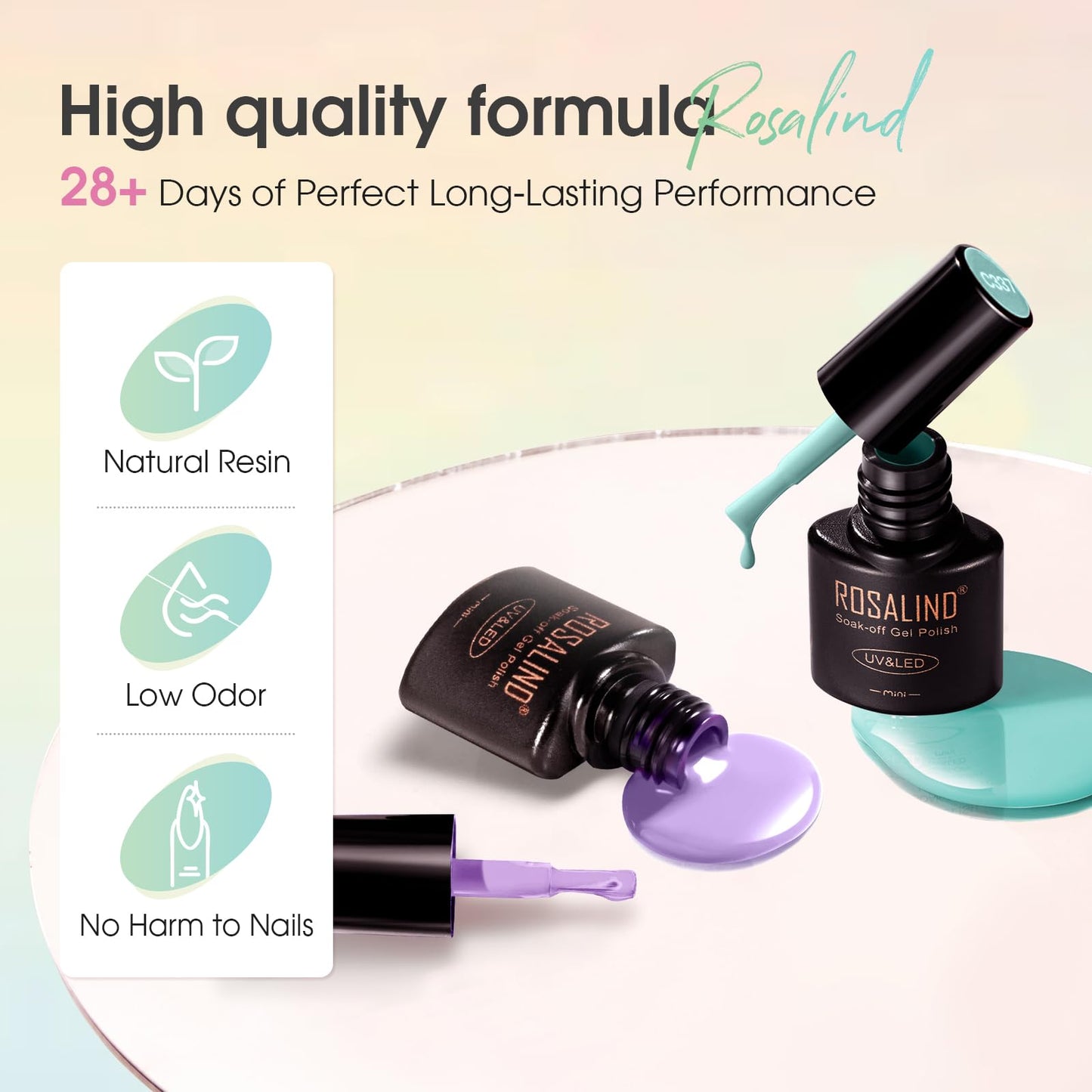 ROSALIND 18PCS Gel Nail Polish Set with Base Top Coat (Glossy Matte and Glitter),14 Pcs Pastel Bright Colors Gel Polish Set Maca