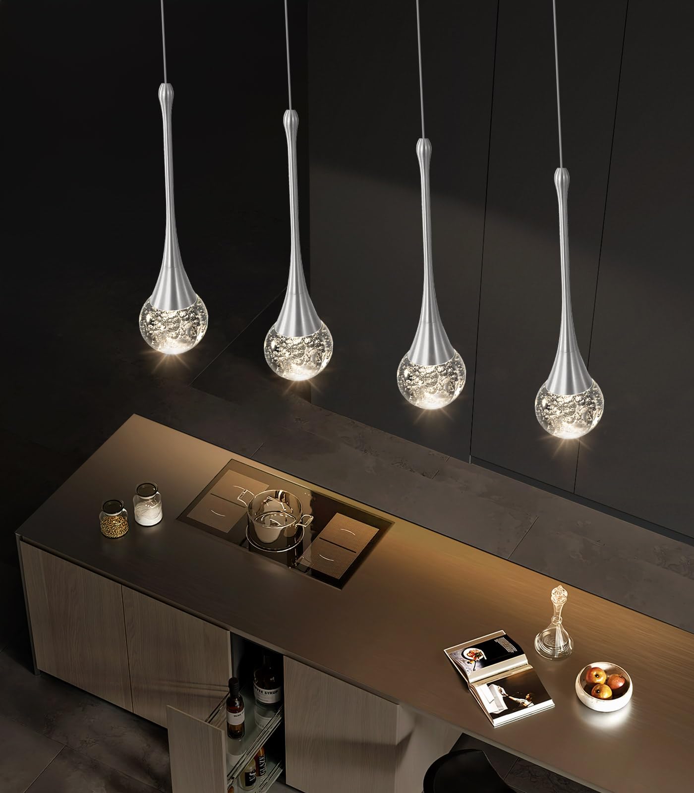 4-Lights Modern Pendant Lights For Kitchen Island Led Dimmable Crystal Glam Ceiling Pendant Lighting Chandelier For Dining Room Hallway Bedroom Silver