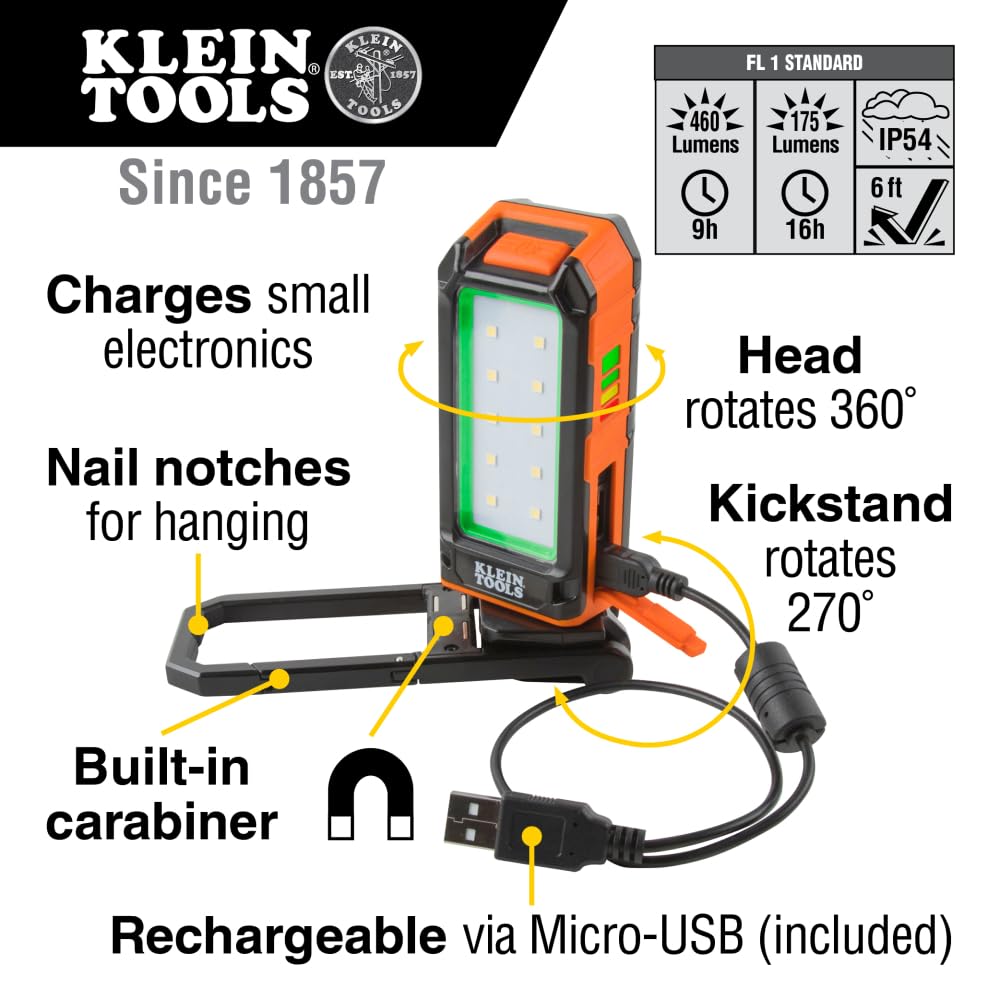 Klein Tools 56403 LED Light, Rechargeable Flashlight/Worklight with Kickstand, Magnetic Mount, and Carabiner, Charges Small Electronics, for Work, Camping