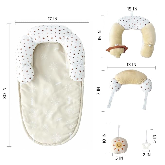 2-in-1 Tummy Time Mat and Seated Support with Sensory Toys ā for Newborns and Babies ā Includes Detachable Cushion for Supervised Play & Head/Neck Development (Sand)