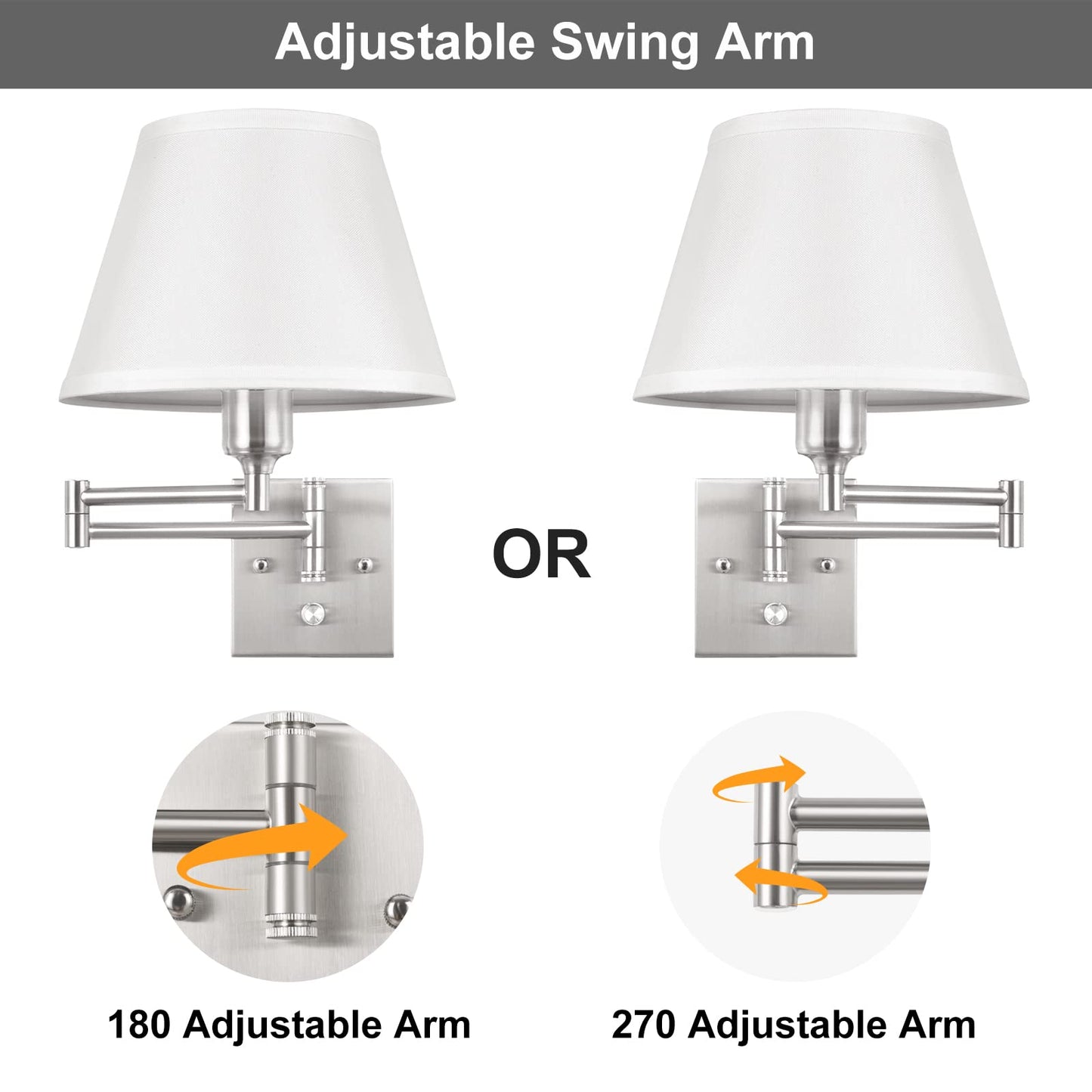 TRLIFE Wall Sconces Plug-in, Remote Control, Dimmable, 9.4in Medium White Fabric Shade, Model BYsconce-M-ReWhi, 2 Pack