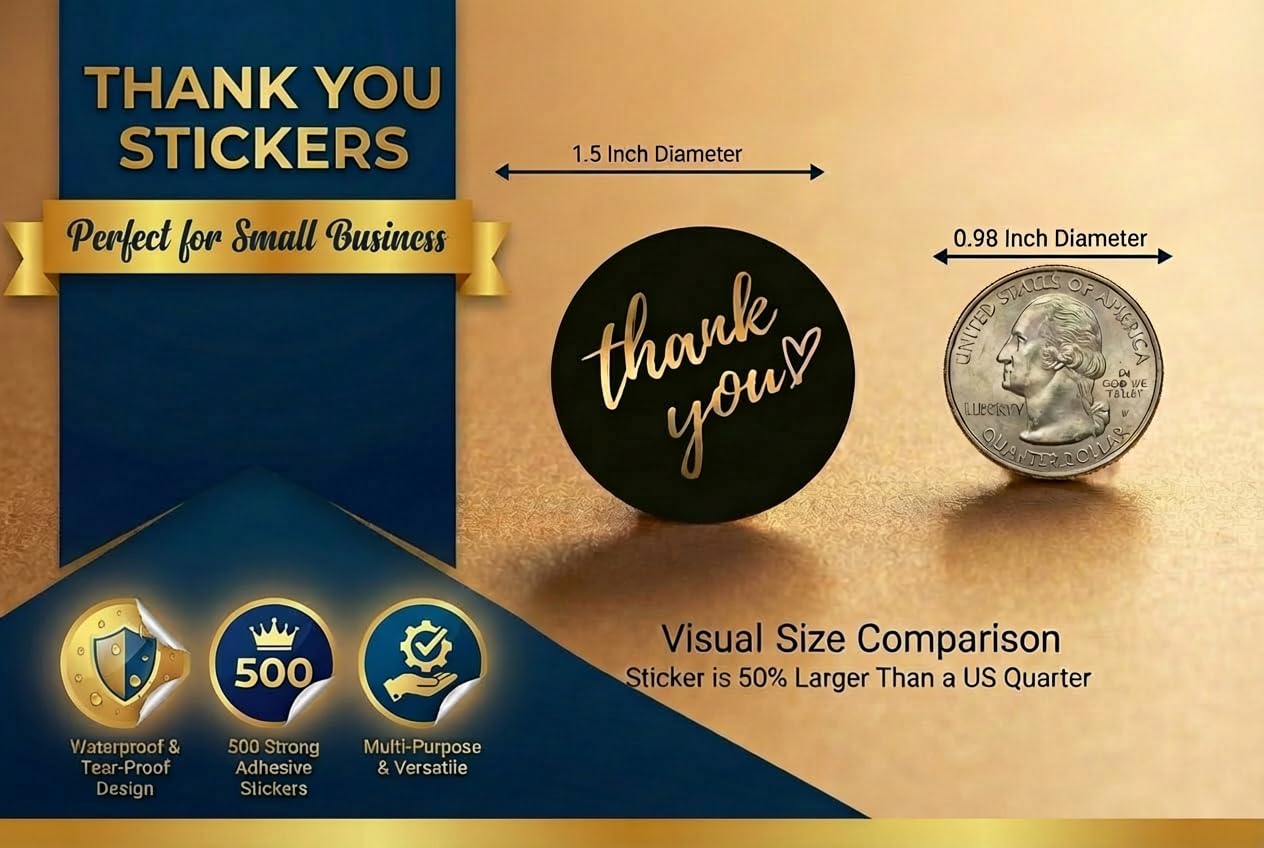 500 PCS Thank You Stickers Roll – 1.5 Inch Round Gold Foil Stickers with Heart Design, 4 Colors (Black, White, Pink, Navy) for Small Business Packaging, Envelopes, Gift Bags, Shipping Boxes