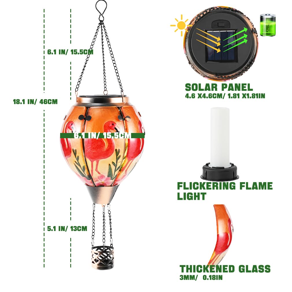 Hot Air Balloon Solar Lantern - Flamingo Stained Glass Lantern Simulated Flickering & Dancing Flame Outdoor Hanging Yard Light Waterproof Ip65 For Patio Lawn Porch Decor Gift