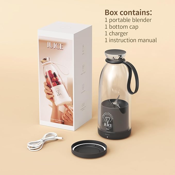 Portable Blender, Personal Smoothie Maker with 6 Blades, Rechargeable Mini Juicer Cup, 17 oz with Travel Lid for Outdoors, Camping, Office, Kitchen (Black)