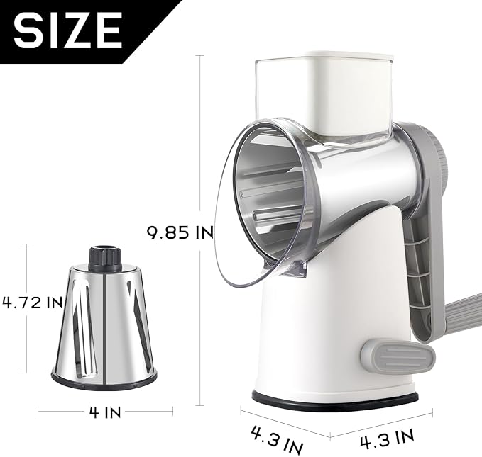 VEKAYA Cheese Grater, Cheese Grater Hand Crank, 4 Interchangeable Blades Cheese Shredder, Vegetable Slicer, Non-slip Suction Base, Easy to Clean Rotary Grater with Handle (White Grey)