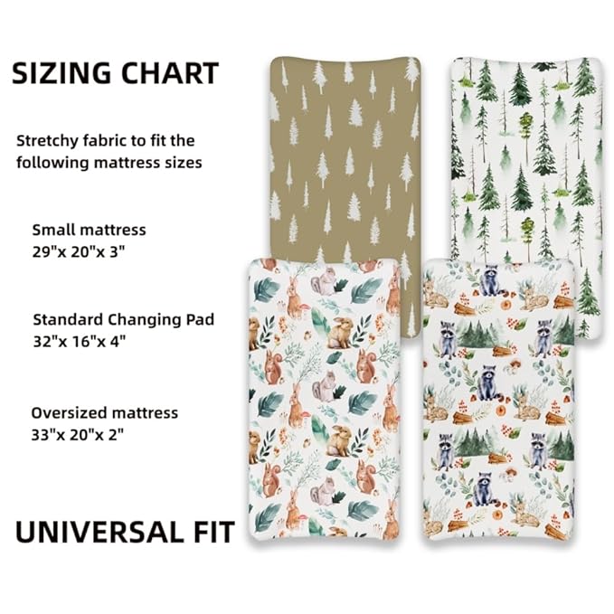 4 Pack Changing Pad Covers Woodland Forest Animals Wood Neutral Unisex Fitted Baby Changing Pad Cover Set for Baby Boys or Girls (Raccoon)