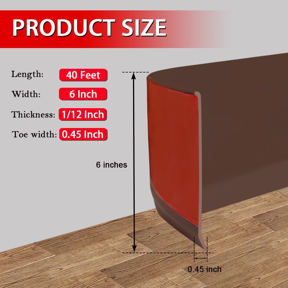 Vinyl Wall Base Baseboard Molding Trim 6" Flexible Self Adhesive Rubber Wall Base Moulding Trim Peel and Stick Design, 6 Inch x 40 Feet, Brown