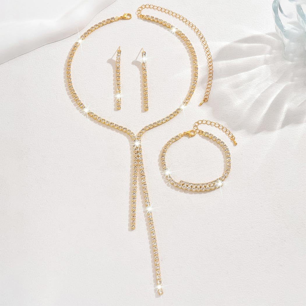 Unicra Gold Bridal Wedding Jewelry Sets Rhinestone Necklace Earrings Bracelet Set Prom Formal Costume Jewelry Sets for Women and