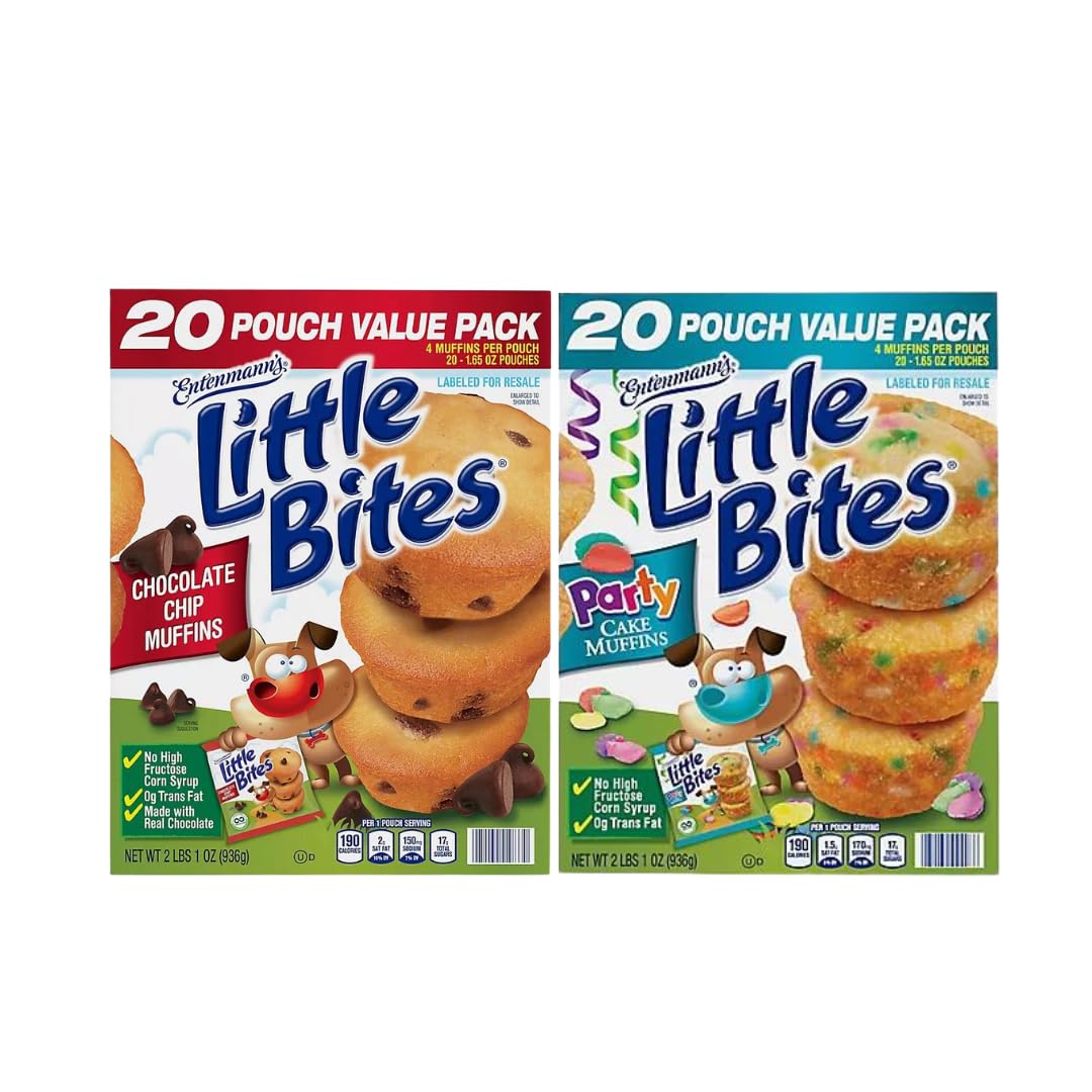Entenmann s | Little Bites | Chocolate Chip Muffins - 20 Pouches - Party Cake Muffins-20 Pouches |each box 2 LBS 1 OZ- 936g | D