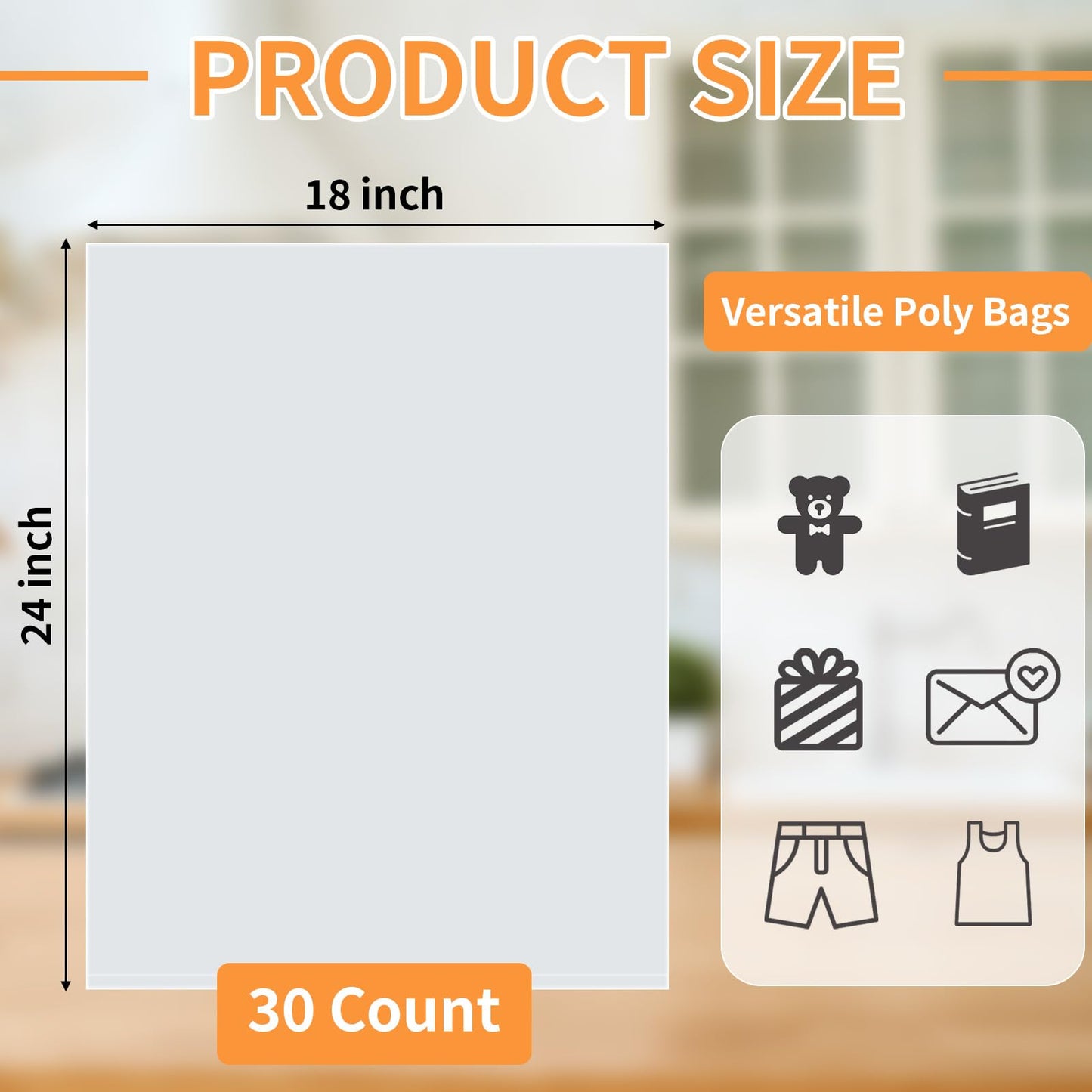 Plastic Flat Open Poly Bags, 18 x 24 inch Clear Plastic Bags, 30 Count Reusable Flat Open Storage Bags for Proofing Bread, Dough,Packaging, Storage Clothes, Craft, Gift - 2.36 Mil Thick