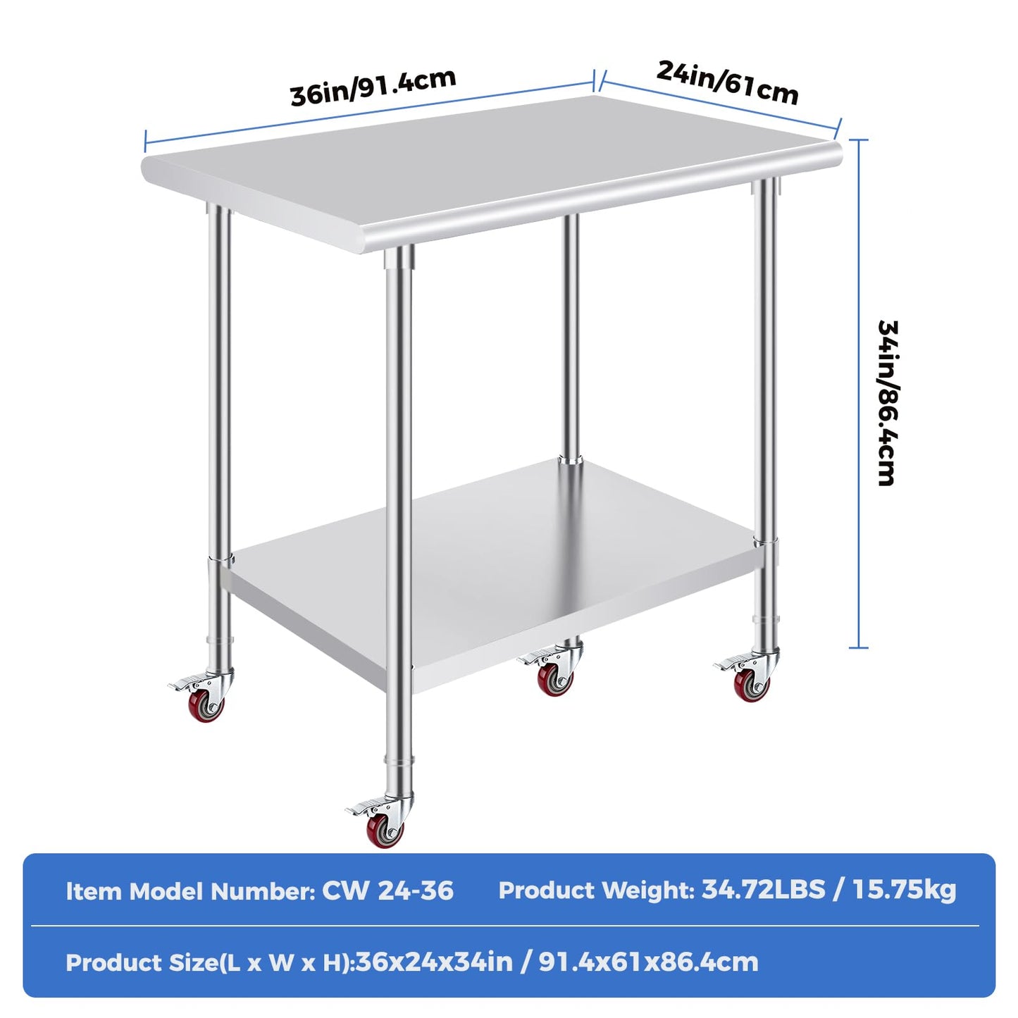 OSTBA Stainless Steel Table for Prep & Work 24x36 Inches with Casters Wheels, NSF Metal Commercial Heavy Duty Table with Adjustable Undershelf for Restaurant Kitchen Home and Hotel