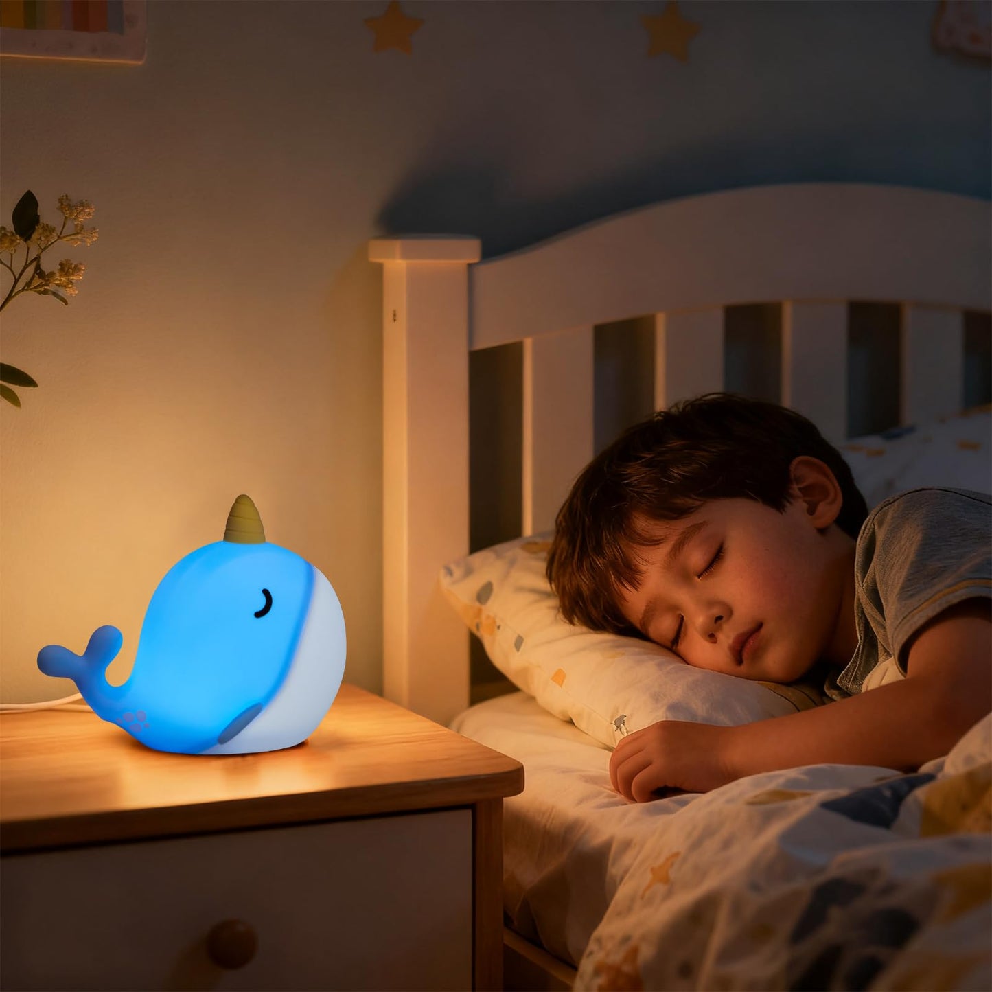 Hpydiy Cute Narwhal Night Light Tap Control With 3 Warm White Brightness Usb Kids Bed Lamp With 30-Minute Timer Soft Silicone Glow For Nursery Birthday Gift(Blue Narwhal)