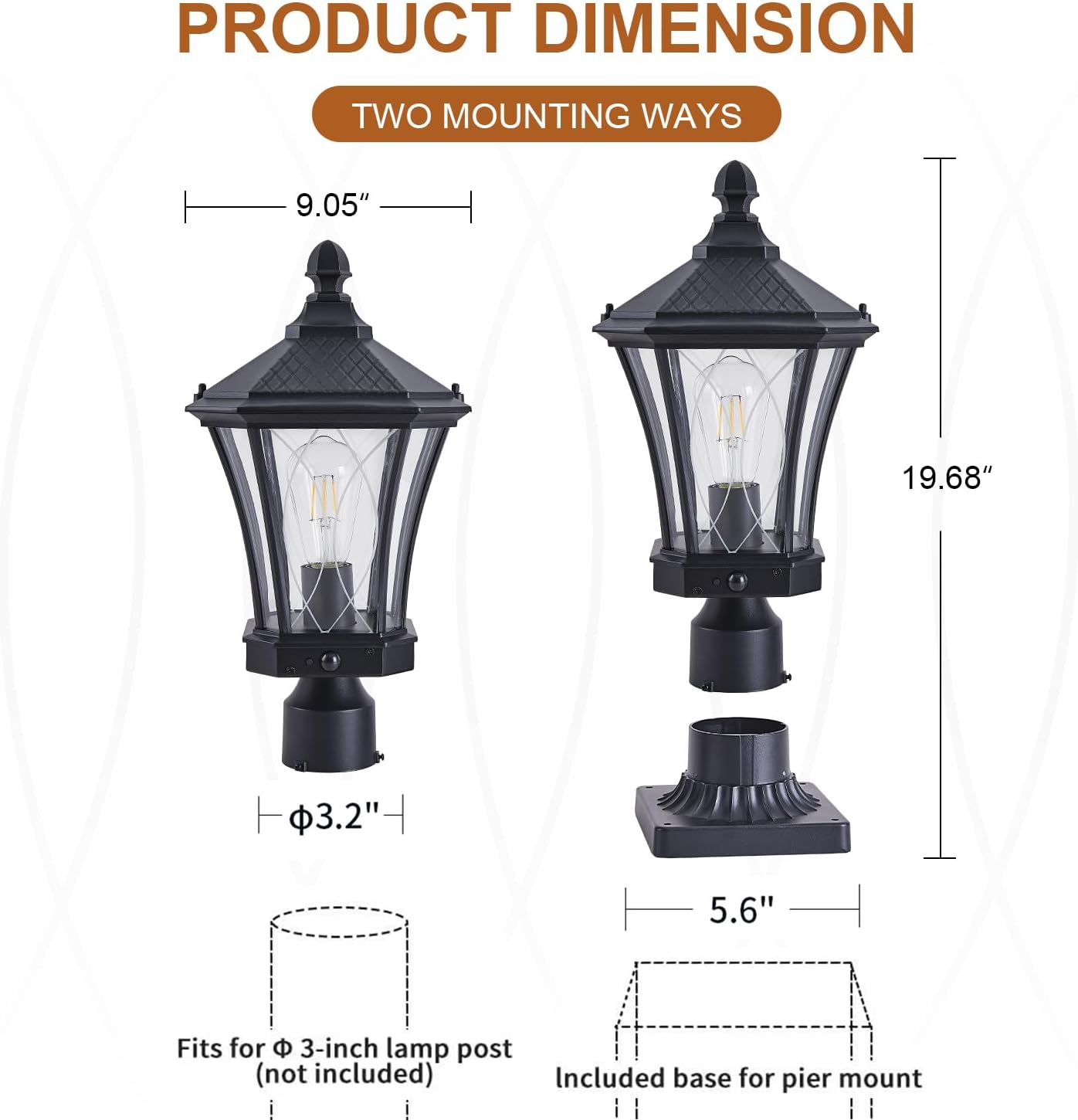 Motion Sensor Outdoor Post Lights with Pier Mount Base, Dusk to Dawn Outdoor Pillar Lamps Waterproof Exterior Post Lamp with Patterned Glass Outdoor Pole Lights for Patio, Porch, Gate