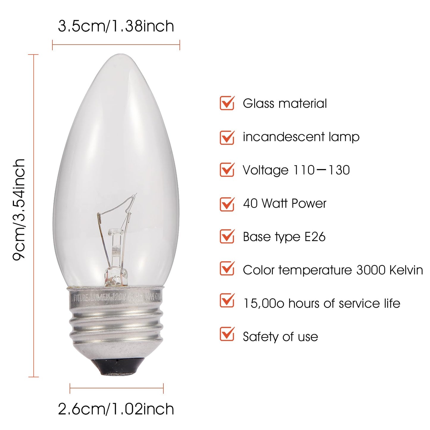 SCOMX 40W Incandescent Equivalent Energy Torpedo Tip Chandelier with Crystal Clear Incandescent Light Bulbs Tip Light Bulb and Medium E26 Candelabra Base (6)