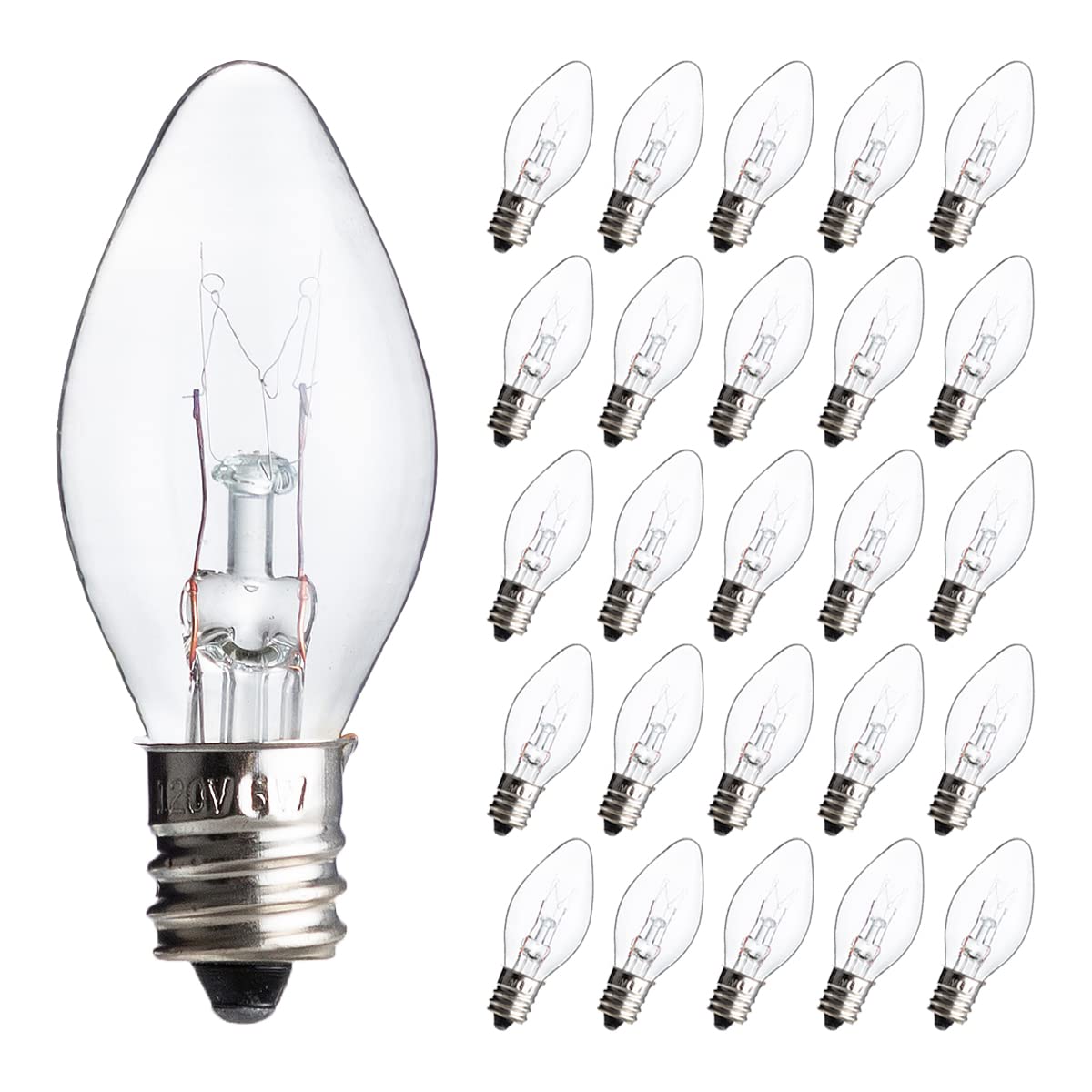 Joiedomi 25 Pack C7 Bulb Replacement Light Bulbs For Christmas Outdoor Indoor Lawn Tree Panel Decor E12 Candelabra Base Longer Life 120 Volt 6W