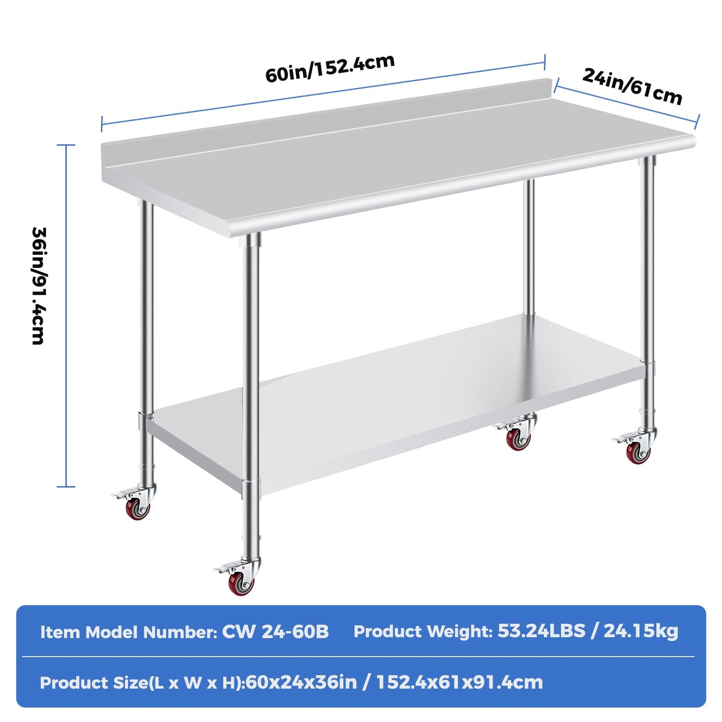 OSTBA Stainless Steel Table for Prep & Work 24x60 Inches with Casters Wheels and Backsplash, NSF Metal Commercial Heavy Duty Table with Adjustable Undershelf for Restaurant Kitchen Home and Hotel