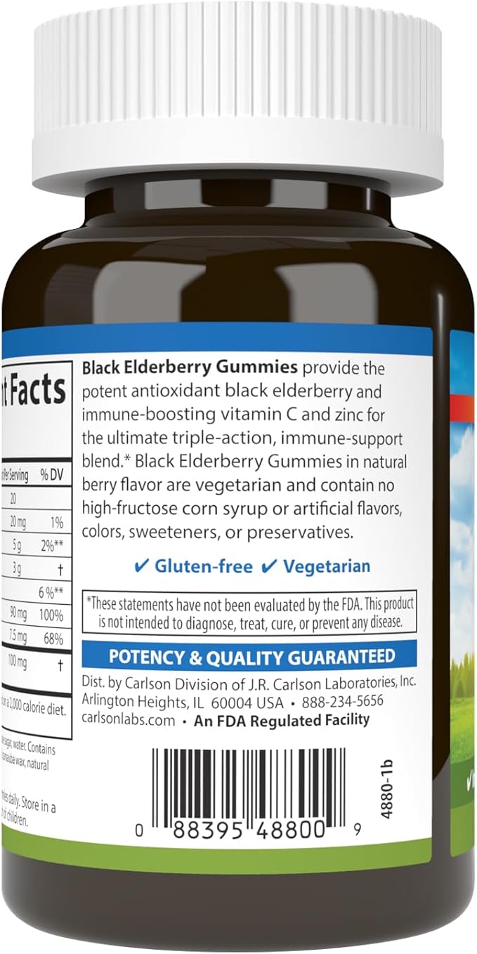 Carlson - Black Elderberry Gummies, with Vitamin C & Zinc, Immune Support, 60 Gummies