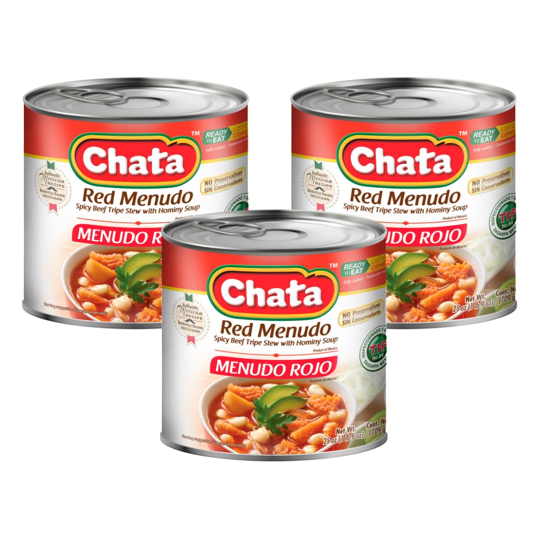 Chata Red Menudo Beef beef belly Stew with Hominy Corn 25 oz Can Pack of 3