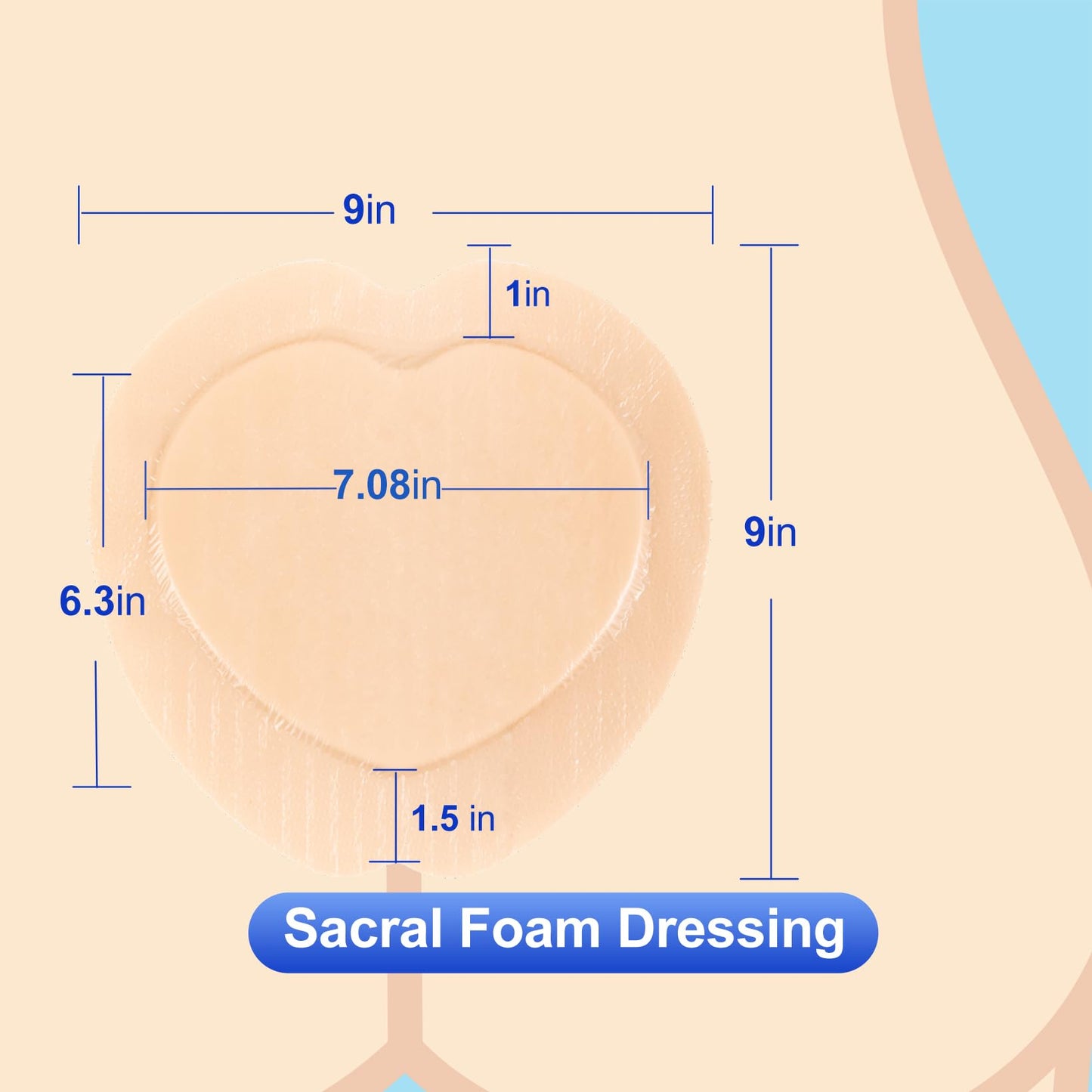 Niceful Sacral Foam Dressing 9" x 9" - Border Sacrum Bandage for Bed Sores Pressure, Silicone Adhesive Wound Dressing Pads for Large Wound, 5 Count