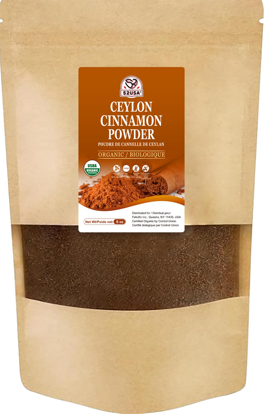 52USA Organic Ceylon Cinnamon Powder 8oz Resealable Bag | True Cinnamon from Sri Lanka Non-GMO Gluten-Free Freshly Ground for Baking Cooking & Beverages