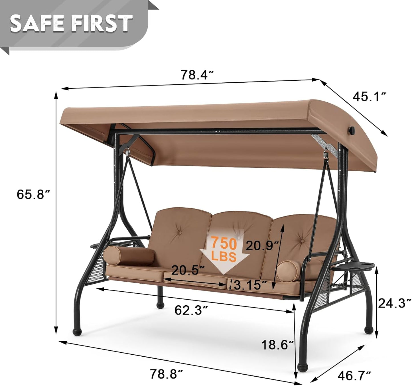 HOMREST 3 Seat Outdoor Porch Swing with Adjustable Canopy, Convertible Patio Swing Bed with Stand, Patio Glider Swing with Upgraded Cup Holder, Thicken Cushions & Pillow for Backyard (Brown)