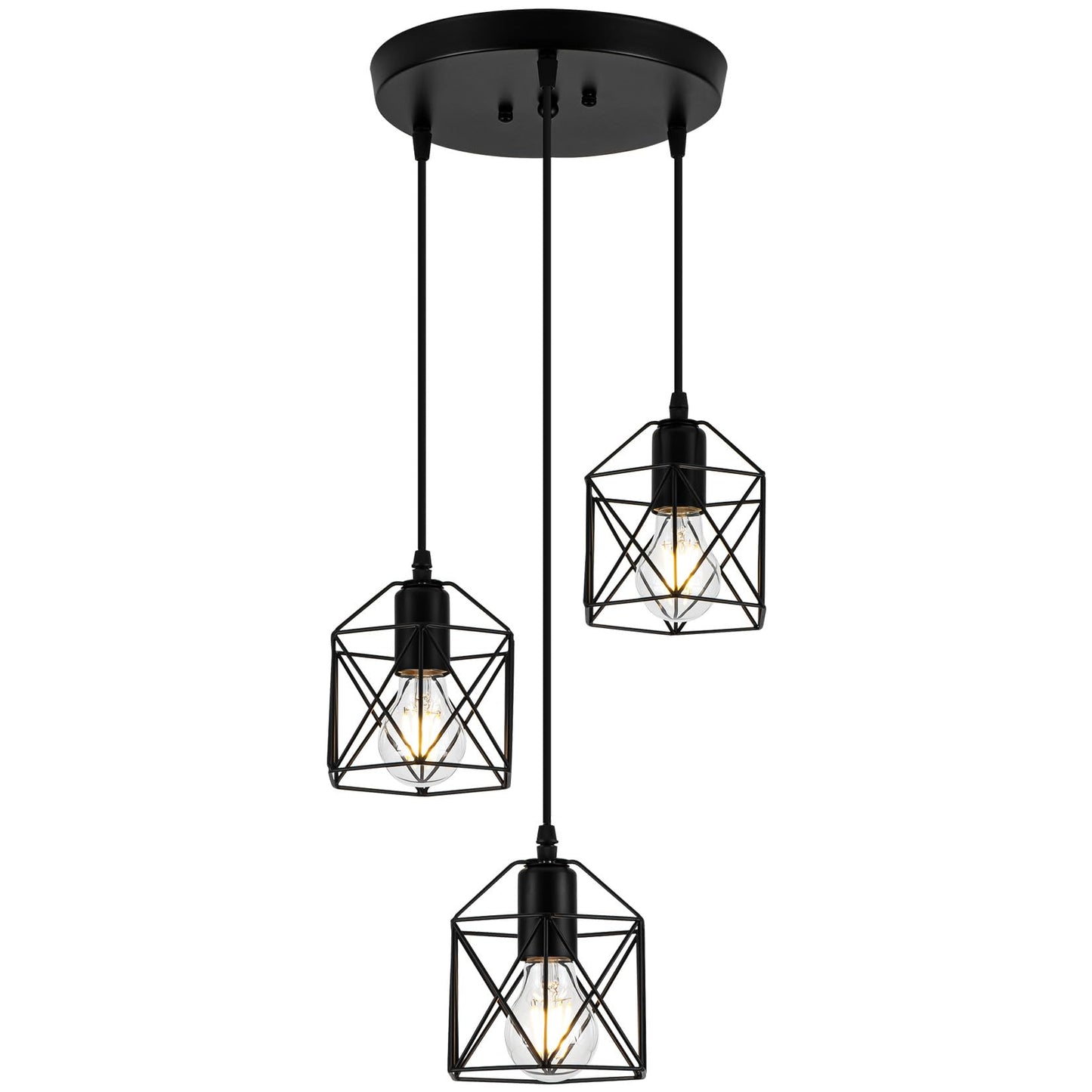Rocunsi 3-Light Pendant Light Fixtures Farmhouse Hanging Pendant Lighting Dining Room Chandelier Industrial Kitchen Island Hanging Light Fixture Black Metal Cage Pendant Ceiling Lamp For Kitchen