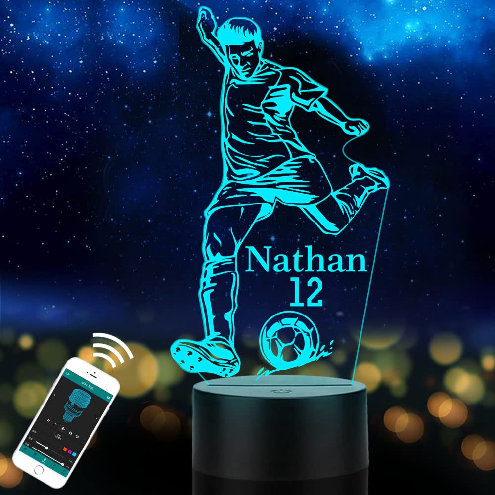 Personalized Soccer Gifts for Boys, Custom Name Table Lamp for Kids, Children, Son or Grandson, LED Play Soccer Night Light Pres