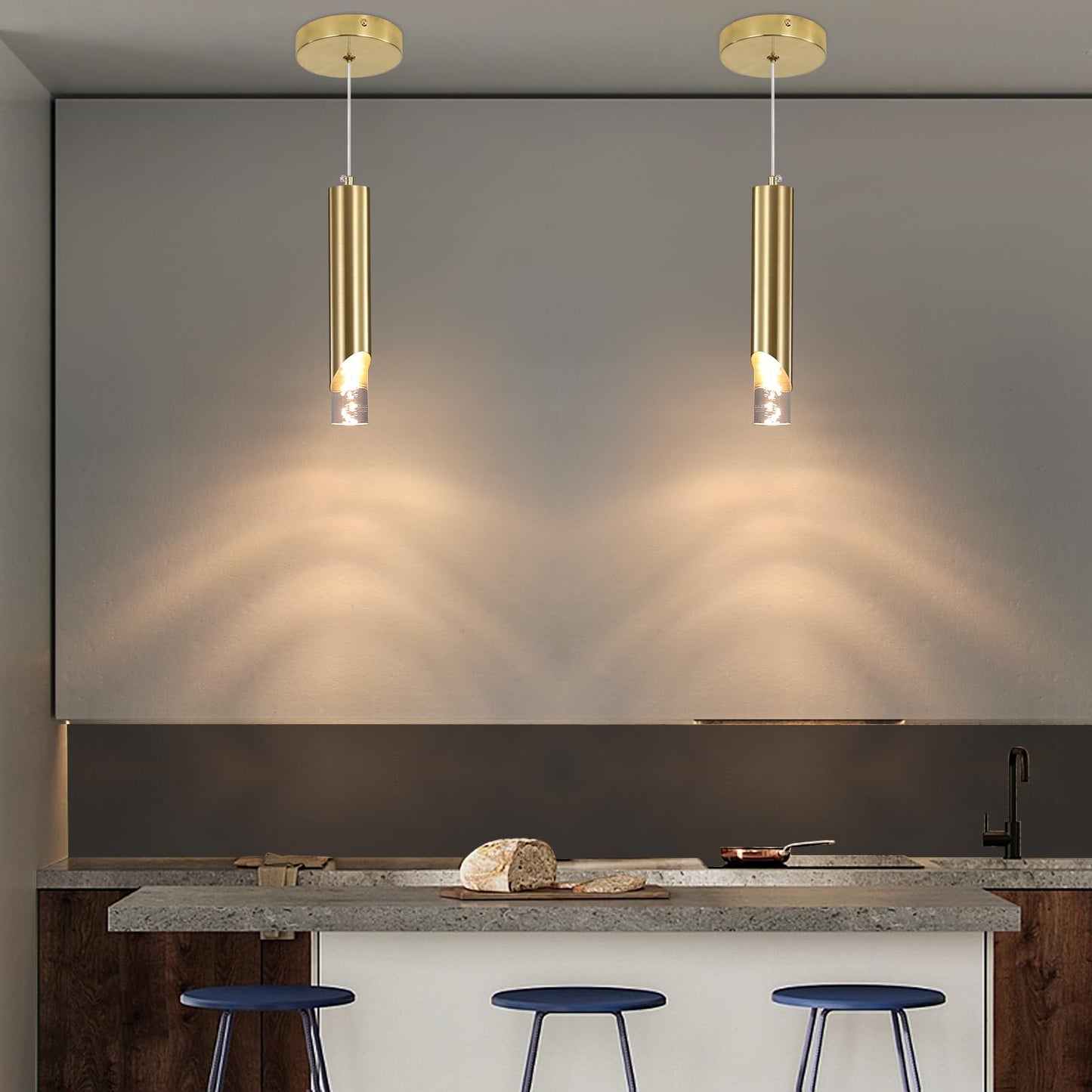 2 Pack Modern Gold Pendant Light Fixture Acrylic Bubble Cylinder Hanging Lights 3 Color Temperatures Minimalist Ceiling Chandelier Lighting For Dining Room Bedroom Hallway Bar Kitchen Island