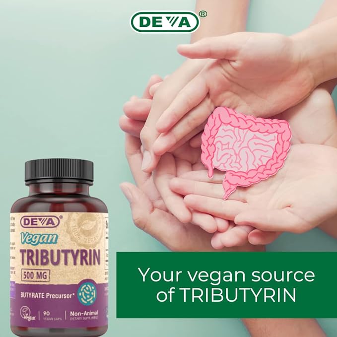DEVA Vegan Tributyrin Supplement - Butyrate Precursor, Gut Barrier Support, Butyric Acid, 500 MG Vegan Capsules, Leaky Gut Support, Digestion, 90 Count (Pack of 2)