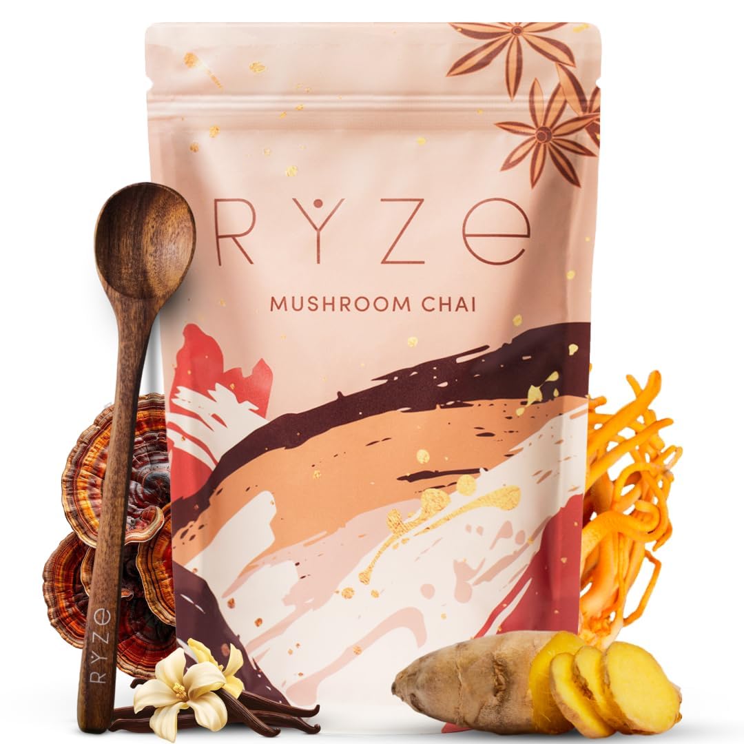 RYZE SUPERFOODS Mushroom Chai with 6 Organic Adaptogenic Mushrooms for Better Energy, Focus, Digestion, Immunity with USA Grown