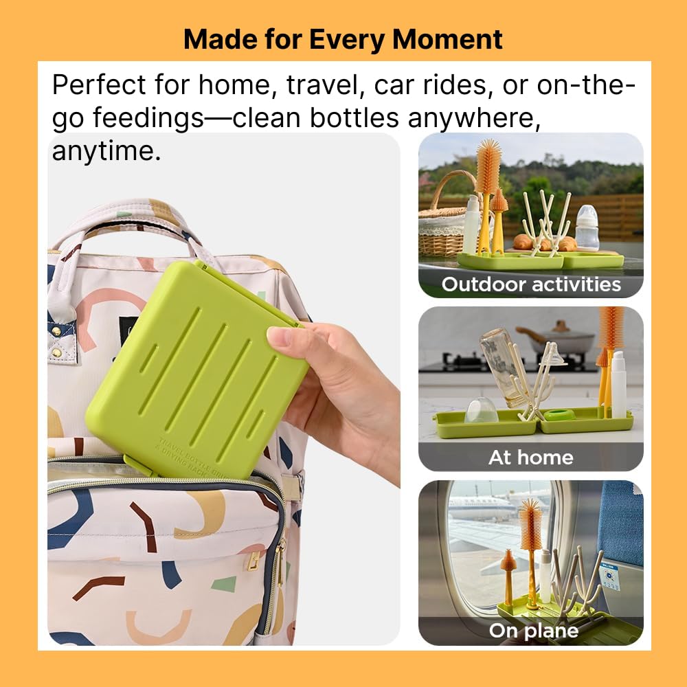Travel Bottle Cleaner kit, 6in1 Baby Toddler Travel Essential Silicone Bottle Brush Set, Baby Bottle Soap Dispense, Drying Rack, Nipple, Straw Breast Pump Cleaning, Storage Case, Gift for Moms (Green)