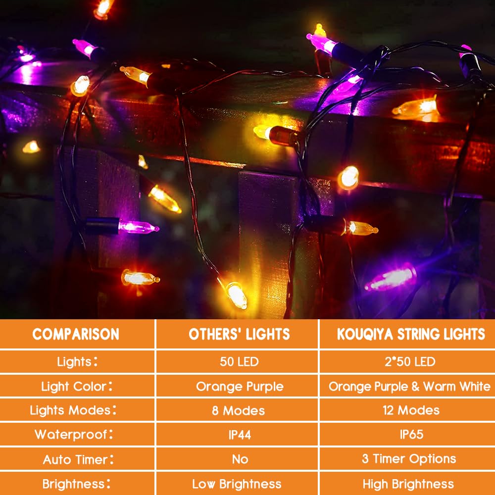 KOUQIYA Battery Halloween Lights 50 LED Mini String Lights 17ft Waterproof, Dual Color Changing, Orange Purple & Warm White, 2 Pack