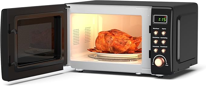 Moccha Retro Microwave, 0.7Cu.ft Compact Microwave, 700-Watt Countertop Microwave Ovens w/5 Micro Power, Delayed Start Function, LED Display, Child Lock, Small Microwave (Black)