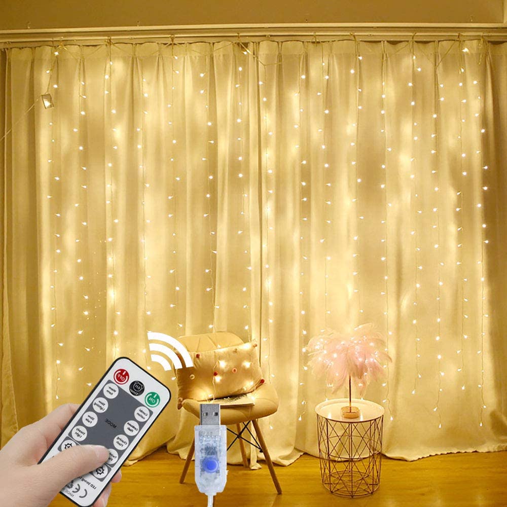 YEOLEH String Lights Curtain,USB Powered Fairy Lights for Party Bedroom Wall,8 Lighting Modes & IP64 Waterproof Ideal for Weddin