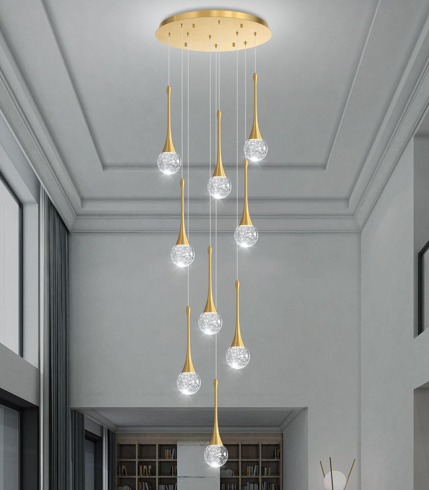 9 Light Modern Glam Crystal Chandelier For High Ceiling Led Dimmable Ceiling Pendant Light Staircase Foyer Enterway Living Room Chandelier Lighting Antique Gold