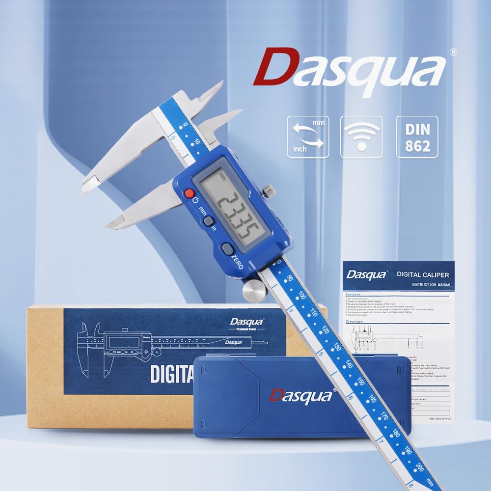 Dasqua 8”/200mm Digital Caliper, Stainless Steel Precision Measuring Tool with Advanced Dual Chip, Large LCD, Resolution 0.0005”/0.01mm, Accuracy ±0.001”/0.02mm