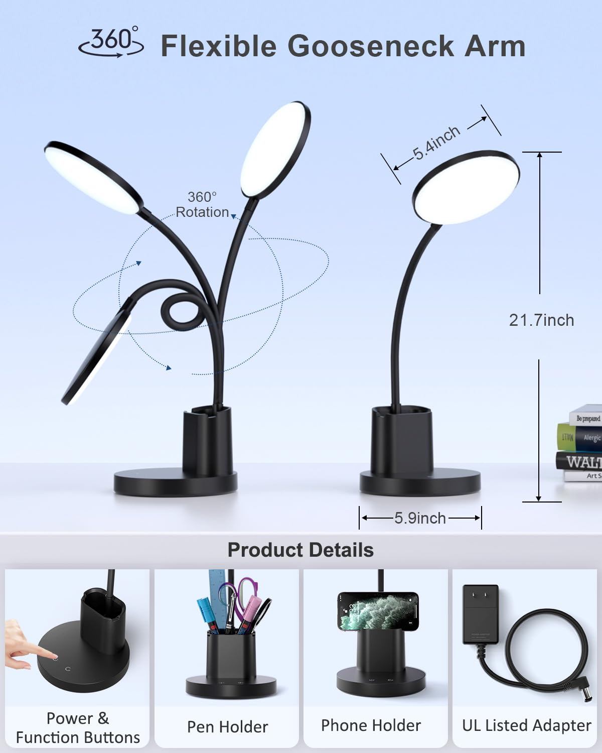 Sailstar LED Desk Lamp, 3 Lighting Modes, 800LM, Touch Control, Dimmable, 360° Gooseneck, Simple Black, Model SA-DL-JCK-